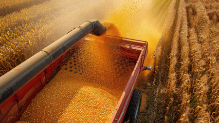 a corn auger on a combine harvester pouring corn grain into a tractor trailer, showcasing the agricultural harvest in progressの素材