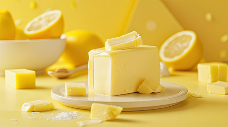 a breakfast table adorned with a package of creamy butter, featuring vibrant colors that evoke a sense of liveliness and freshnessの素材