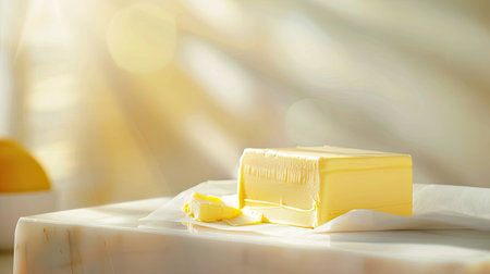 a breakfast table adorned with a package of creamy butter, featuring vibrant colors that evoke a sense of liveliness and freshnessの素材