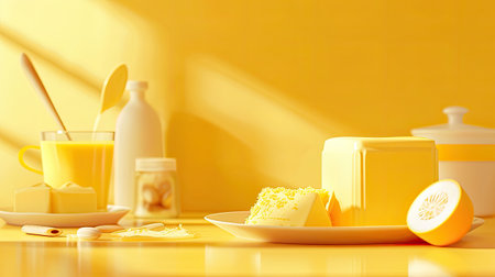 a breakfast table adorned with a package of creamy butter, featuring vibrant colors that evoke a sense of liveliness and freshnessの素材
