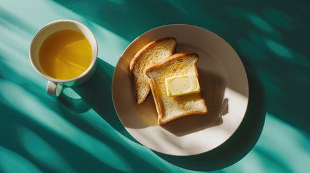 a breakfast table adorned with a package of creamy butter, featuring vibrant colors that evoke a sense of liveliness and freshnessの素材