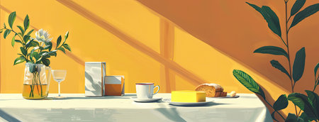 a breakfast table adorned with a package of creamy butter, featuring vibrant colors that evoke a sense of liveliness and freshnessの素材