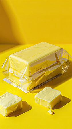 a breakfast table adorned with a package of creamy butter, featuring vibrant colors that evoke a sense of liveliness and freshnessの素材