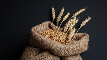 wheat grain nestled in a jute sack, accompanied by a wheat sheaf, all set against a dramatic black backgroundの素材
