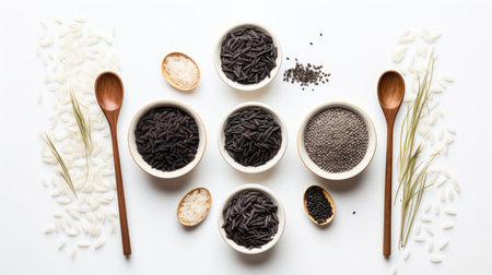 black and white rice in round wooden bowls paired with Chinese chopsticks on a pristine white background, showing the beauty of minimalist cuisineの素材