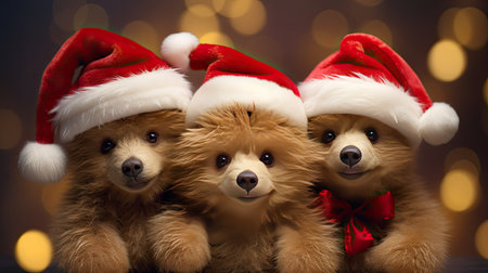 the adorable holiday spirit with three little cute puppies donning Santa Claus hats in a heartwarming sceneの素材
