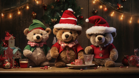 the adorable holiday spirit with three little cute puppies donning Santa Claus hats in a heartwarming sceneの素材