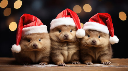 the adorable holiday spirit with three little cute puppies donning Santa Claus hats in a heartwarming sceneの素材