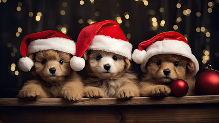 the adorable holiday spirit with three little cute puppies donning Santa Claus hats in a heartwarming sceneの素材