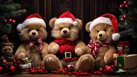 the adorable holiday spirit with three little cute puppies donning Santa Claus hats in a heartwarming sceneの素材