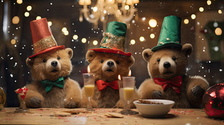 the adorable holiday spirit with three little cute puppies donning Santa Claus hats in a heartwarming sceneの素材