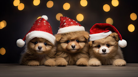 the adorable holiday spirit with three little cute puppies donning Santa Claus hats in a heartwarming sceneの素材