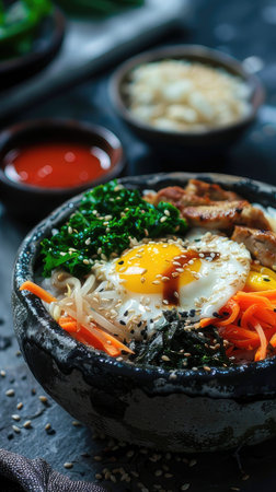bibimbap, featuring minimal background elements that allow the super detailed and super realistic presentation of this iconic Korean dish to shineの素材