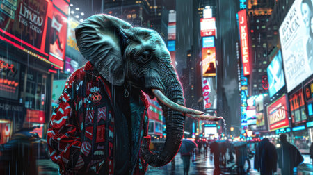 elephant donning a trendy jacket, towering over the bustling streets fa charming city night viewの素材