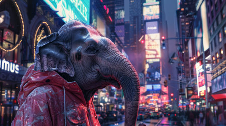 elephant donning a trendy jacket, towering over the bustling streets fa charming city night viewの素材