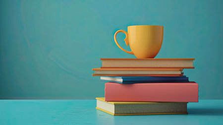 World Book Day, scattered books in diverse colors, interspersed with a coffee cup on a table, embodying the cultural significance of reading and relaxationの素材