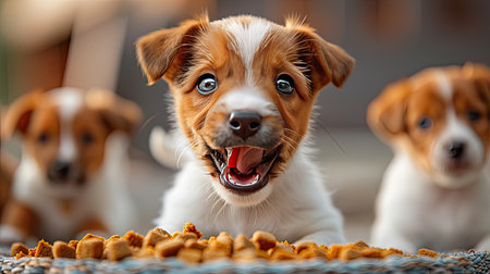Jack hungry Russell Terrier puppies eagerly devouring food from a bowl, their enthusiasm palpableの素材