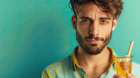 a funny and handsome man holding a jar of honey and a wooden spoon, with honey dripping from the spoon onto a green background, inviting viewers to indulge in sweetnessの素材
