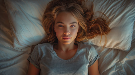 young woman wearing a t-shirt pajama, peacefully sleeping beside her mobile cell phone, in the comfort of her bedroom lounge, evoking the serenity of waking up from a dream in her own room or hotelの素材