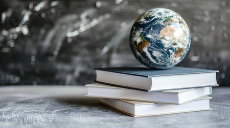 a stack of white books with an earth globe placed on top, set against a neutral gray background, the foreground is blurred to draw focus to the books and globeの素材