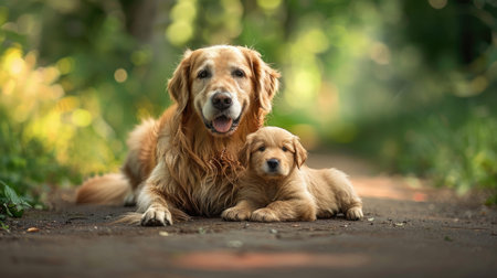 a majestic Golden Retriever dog tenderly lying beside its adorable puppy on a sunlit path within a lush summer parkの素材