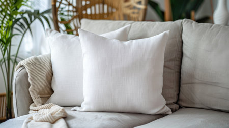 white square throw pillows adorning a couch in a modern living room, illuminated by soft lighting that accentuates their texture and shape, inviting relaxation and comfortの素材