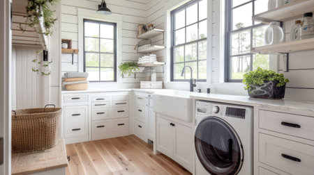 a bright and airy laundry room designed in farmhouse style, adorned with white cabinets, black hardware, and an industrial sink, complemented by large windows, sleek modern appliancesの素材