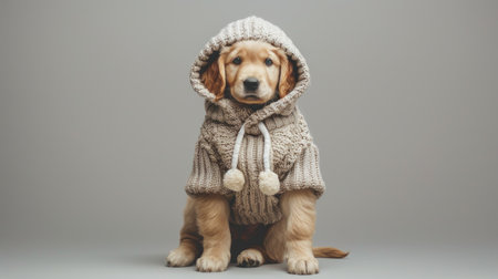 a cute puppy dressed in a gray knitted hoodie and pants, standing upright like a human being, in a realistic photography style, showing the full body of the golden retriever puppyの素材