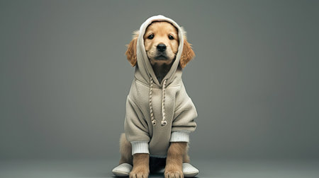 a cute puppy dressed in a gray knitted hoodie and pants, standing upright like a human being, in a realistic photography style, showing the full body of the golden retriever puppyの素材