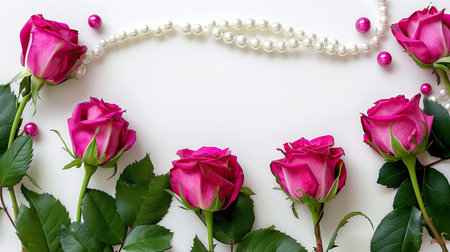 a white background, featuring a delicate frame adorned with roses and pearls, accented with pastel hues of pink, blue, and white, exuding timeless romance and sophisticationの素材