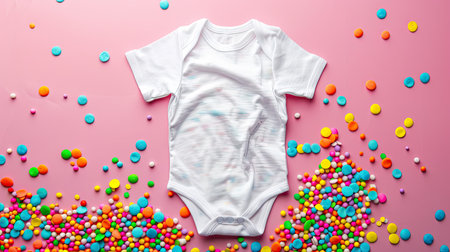 a white onesie surrounded by colorful sprinkles, evoking a sense of playful joy and sweetnessの素材