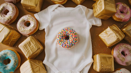 a white onesie surrounded by colorful sprinkles, evoking a sense of playful joy and sweetnessの素材