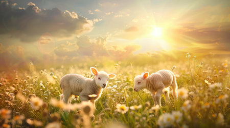 a beautiful meadow bathed in sunlight, where playful lambs frolic and interact with each other in a heartwarming display of friendship and joyの素材