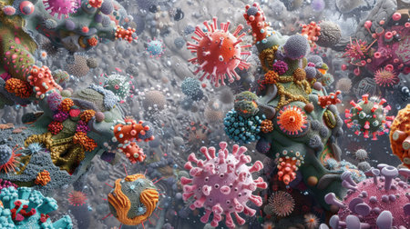 an abstract coral-colored virus, revealing its intricate interior structure adorned with smaller parts and spheres in a palette of gray, accented by hints of orange, pink, and blueの素材