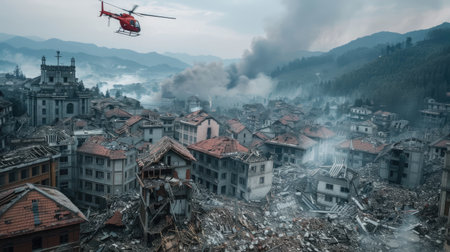 A red helicopter flies over the destroyed city, buildings and rubble in full swing. In front of it is an explosion with smoke rising from behindの素材