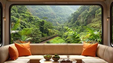 a high-tech train car interior boasting plush seating, expansive windows framing the breathtaking scenery of China's mountainous landscapes and rice fields, a cozy table for coffee or teaの素材