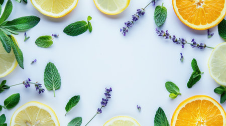 fruits and herbs delicately arranged in an elegant pattern against a pristine white background, featuring refreshing mint leaves, vibrant lemon and orange slices, fragrant lavender flowers.の素材