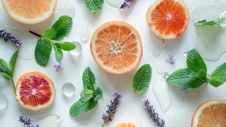 fruits and herbs delicately arranged in an elegant pattern against a pristine white background, featuring refreshing mint leaves, vibrant lemon and orange slices, fragrant lavender flowers.の素材