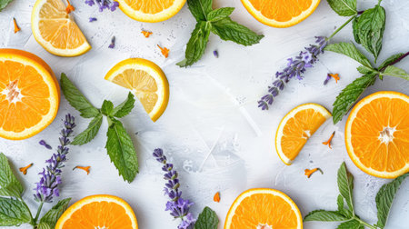 fruits and herbs delicately arranged in an elegant pattern against a pristine white background, featuring refreshing mint leaves, vibrant lemon and orange slices, fragrant lavender flowers.の素材