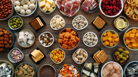 pet food and supplies arranged on a rustic wooden table, captured in wide-angle detail, in a professional photoshoot featuring high-resolution imagery with cinematic appealの素材