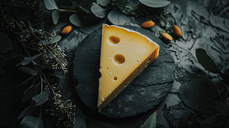 a slice of cheddar cheese placed on a slate plate, surrounded by white chocolate and raw almonds, against a moody dark gray backdrop with eucalyptus leaves adding a touch of freshnessの素材