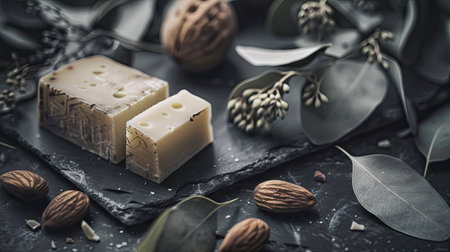 a slice of cheddar cheese placed on a slate plate, surrounded by white chocolate and raw almonds, against a moody dark gray backdrop with eucalyptus leaves adding a touch of freshnessの素材