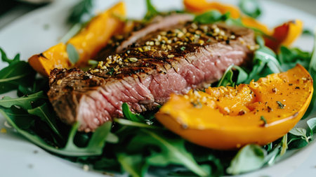 a healthy, lean steak paired with perfectly grilled medium-rare beef and a medley of vegetables, complemented by roasted pumpkin and a fresh green salad adorned with aromatic herbsの素材