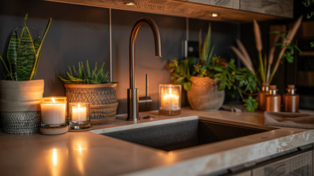 a warm, cozy bathroom featuring a close-up shot of a white terrazzo undermount sink illuminated by candlelight, surrounded by wooden cabinets and lush green plantsの素材