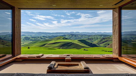 modern living room in North Wales, featuring expansive glass doors that offer panoramic views of the picturesque rolling green pastures, majestic hills, and the endless expanse of blue skyの素材
