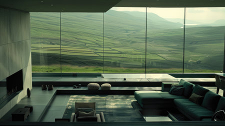modern living room in North Wales, featuring expansive glass doors that offer panoramic views of the picturesque rolling green pastures, majestic hills, and the endless expanse of blue skyの素材