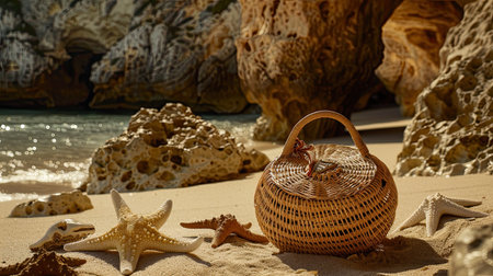 a straw bag filled with beach essentials resting on the golden sand, adorned with starfish and framed by rocks, all bathed in sunlight with a dreamy bokeh effect in the backgroundの素材