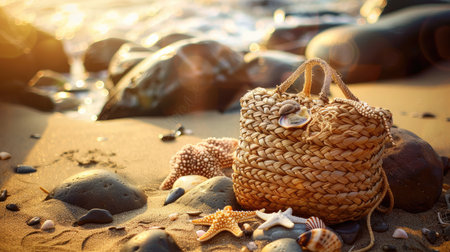 a straw bag filled with beach essentials resting on the golden sand, adorned with starfish and framed by rocks, all bathed in sunlight with a dreamy bokeh effect in the backgroundの素材