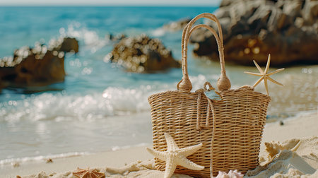 a straw bag filled with beach essentials resting on the golden sand, adorned with starfish and framed by rocks, all bathed in sunlight with a dreamy bokeh effect in the backgroundの素材