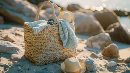 a straw bag filled with beach essentials resting on the golden sand, adorned with starfish and framed by rocks, all bathed in sunlight with a dreamy bokeh effect in the backgroundの素材